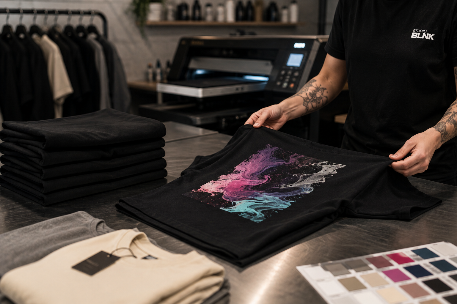 Studio BLNK — printed black garment being inspected at the production workstation