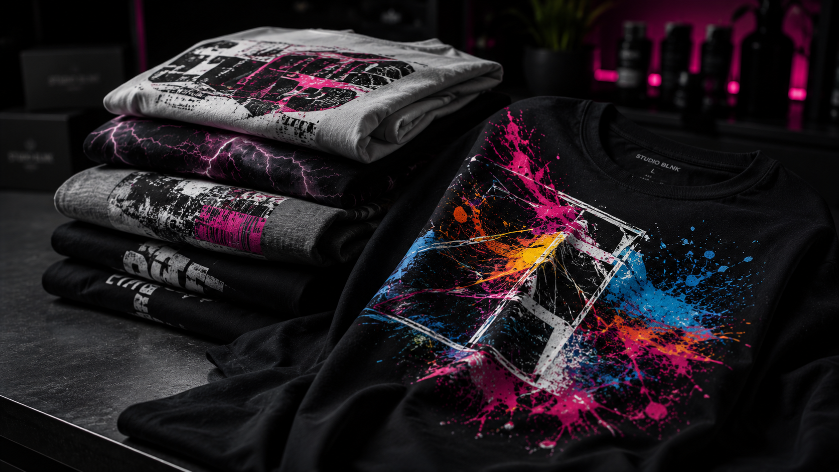Finished custom apparel — colorful DTG print on black shirt