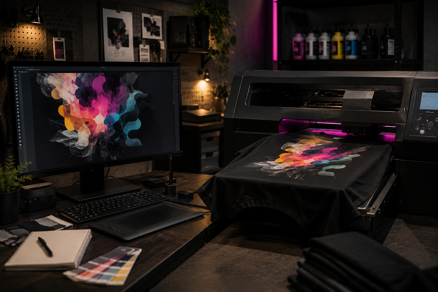 Designer working on artwork with DTG printer in background