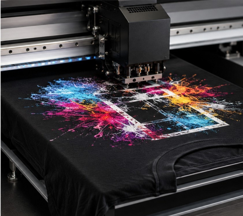 DTG printer head applying vivid colour print to a black garment