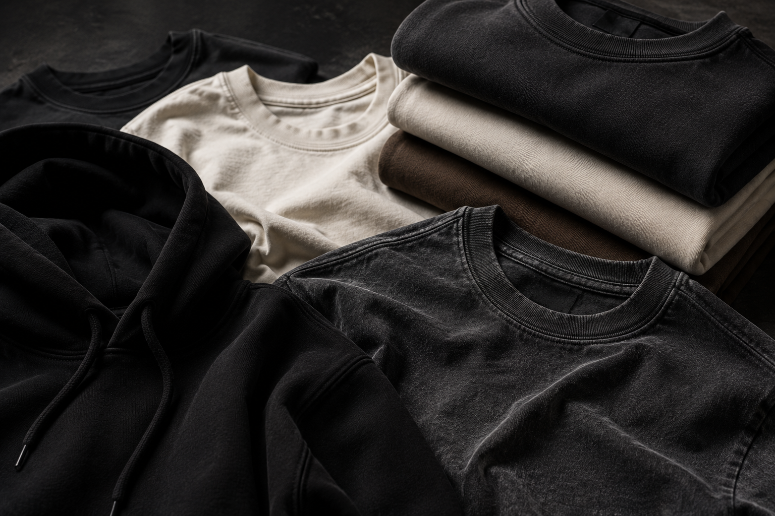 Folded blank garments in neutral tones showing fabric texture and collar detail